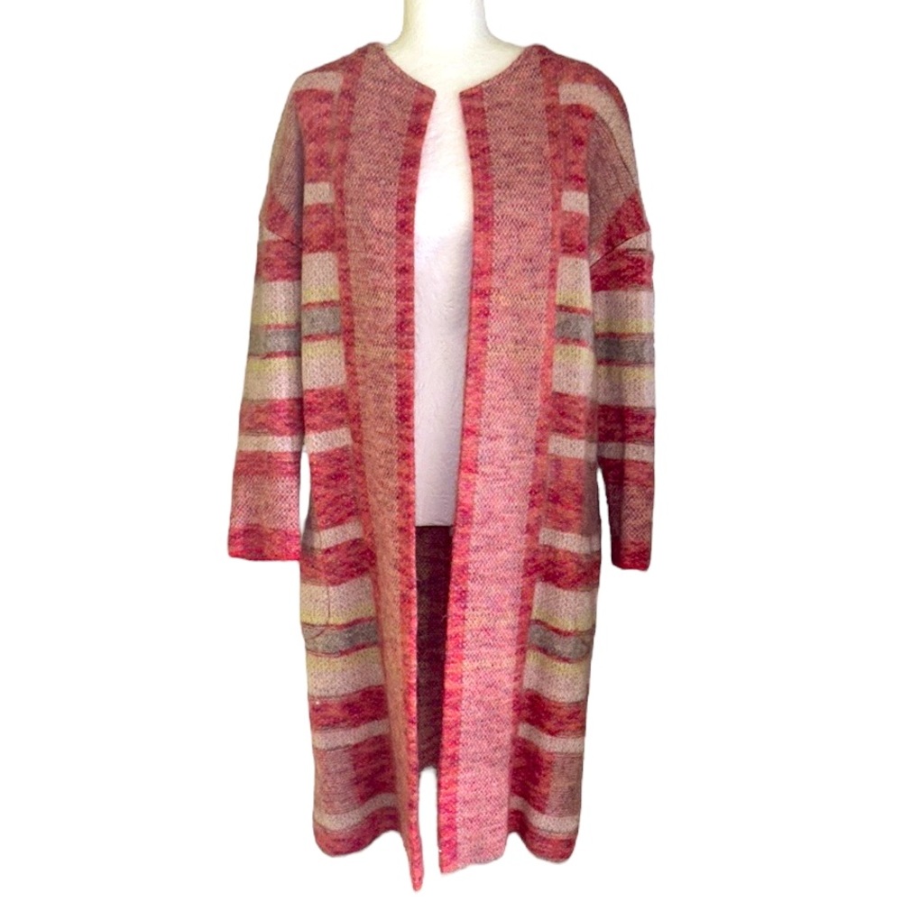St. John Bright Coral Multi Plaid Striped Mohair Knit Long Cardigan Jacket - L